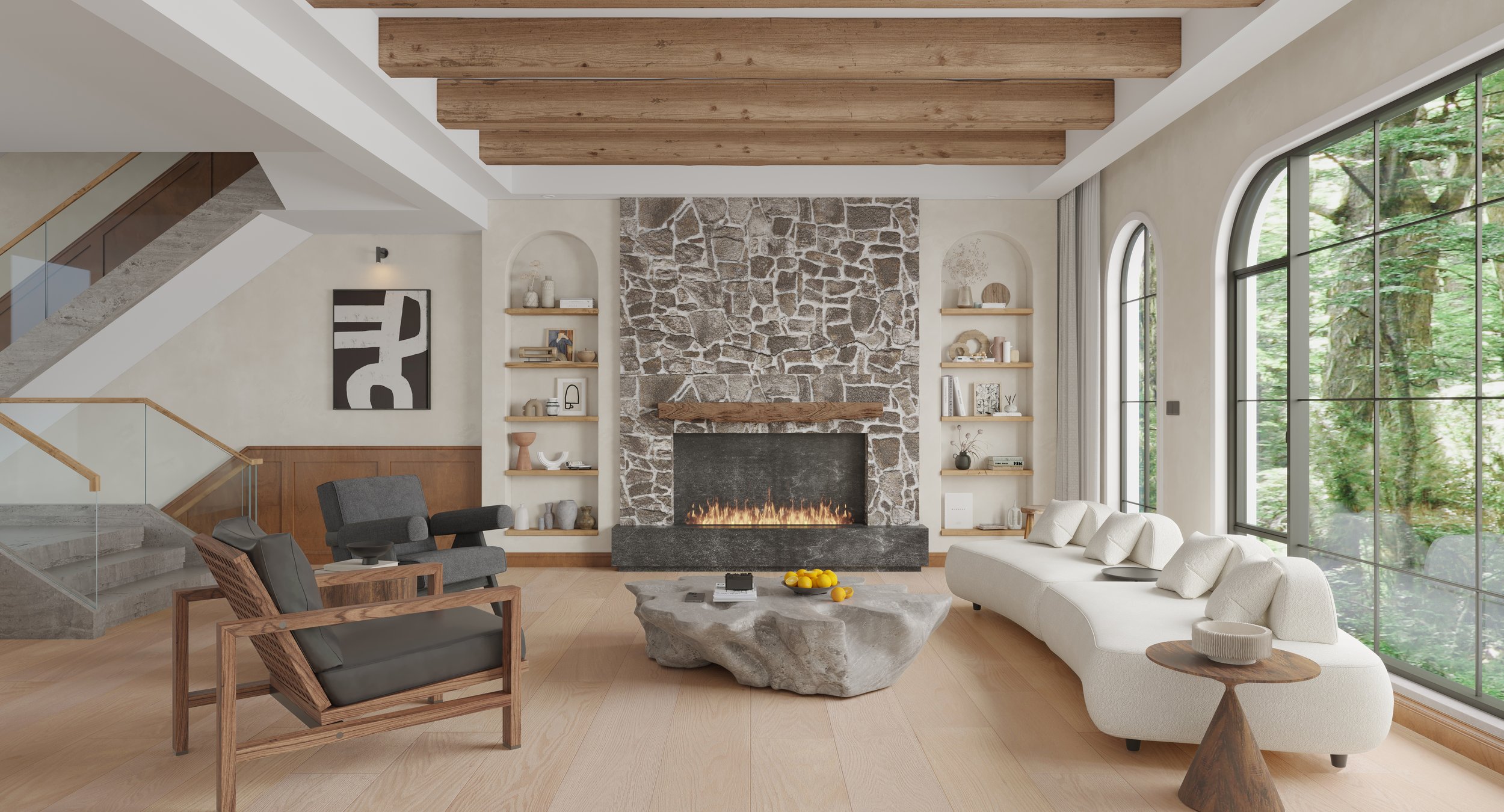 Modern living room with a stone fireplace, large windows showing trees, white curved sofa, gray armchairs, a natural wood coffee table, and built-in shelves with decorative items.