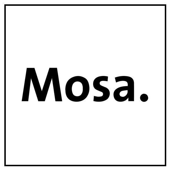 Minimalist black and white logo with the word 'Mosa.' in bold letters inside a thin black border.