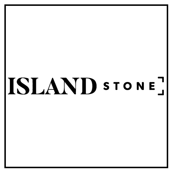 Logo with the words 'ISLAND STONE' inside a black border, with 'ISLAND' in large, bold letters and 'STONE' in smaller letters.