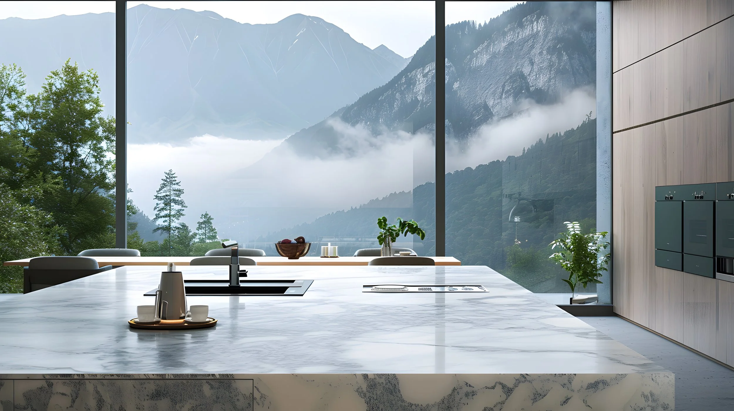 Modern kitchen with marble island and large floor-to-ceiling window showing a mountain landscape with trees, clouds, and mist.