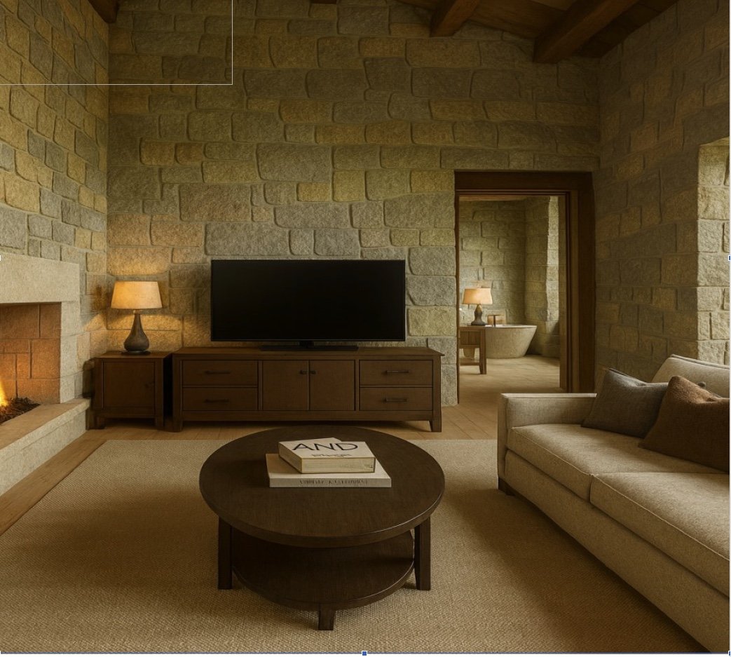 Antiqued fieldstone room interior