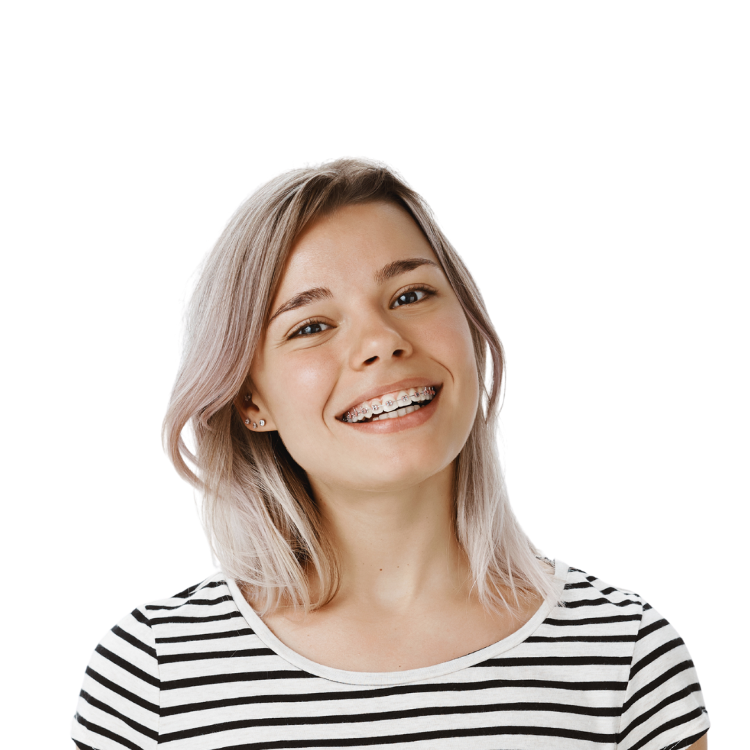 Teen girl smiling with braces, showing confident orthodontic results at Shine Ortho Studio.