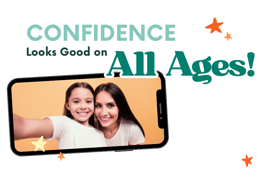 Graphic promoting Shine Ortho Studio with the text “Confidence Looks Good on All Ages” featuring a smiling parent and child taking a selfie.
