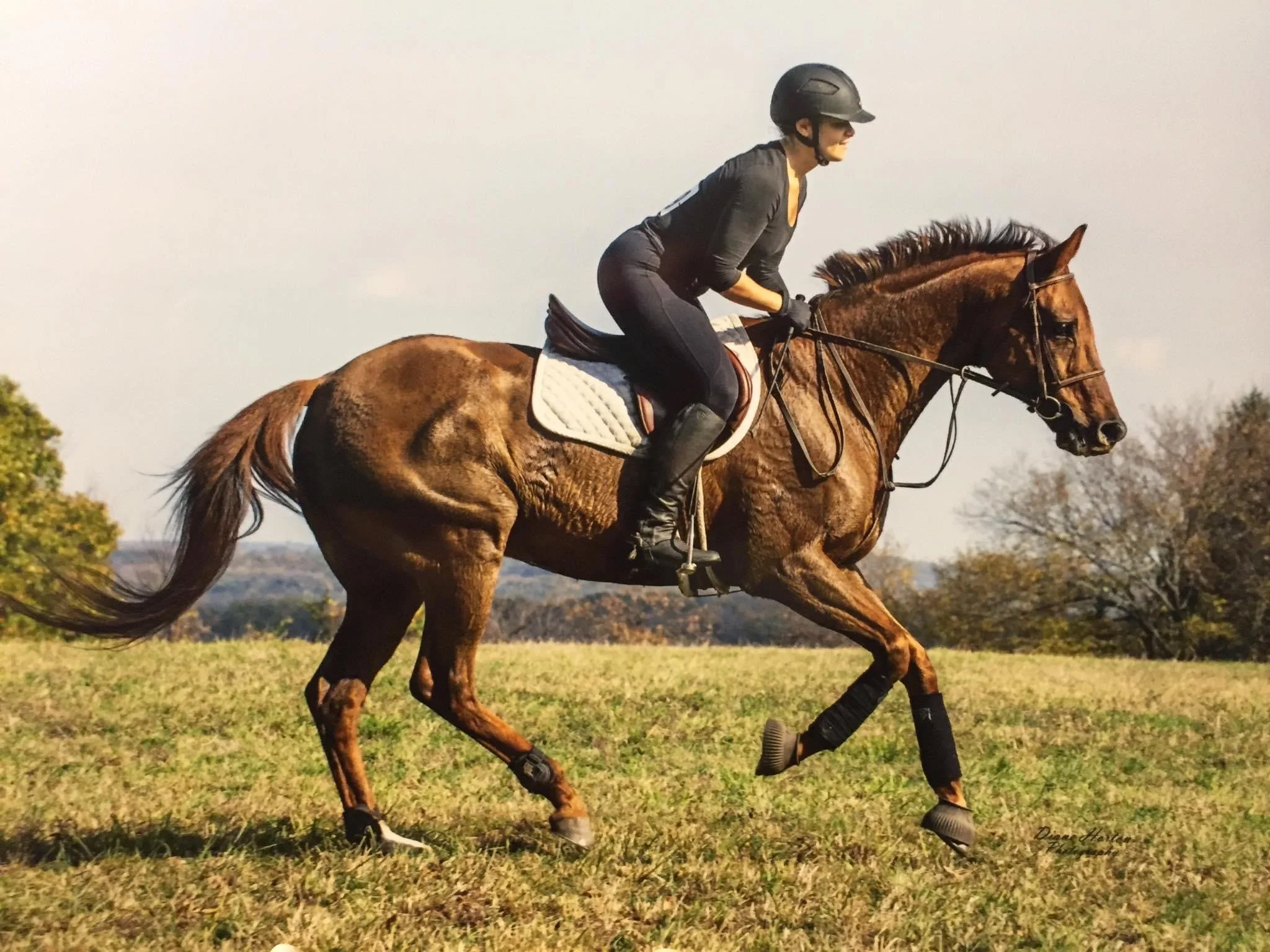 A woman riding a galloping brown horse on a grassy field during the daytime.
