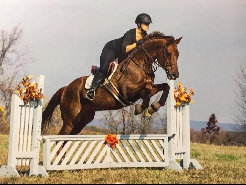A woman riding a brown horse jumps over a white fence during an outdoor equestrian event.