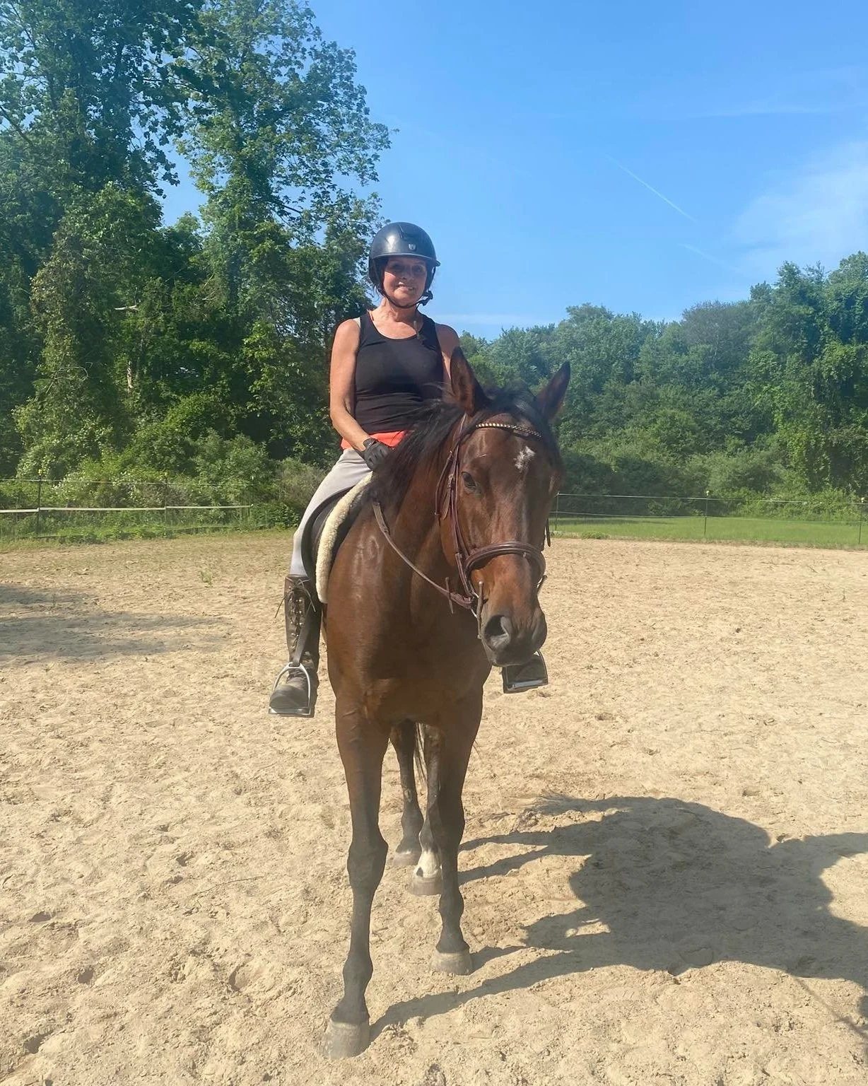 A woman wearing a helmet is riding a brown horse in an outdoor riding arena with trees and blue sky in the background.