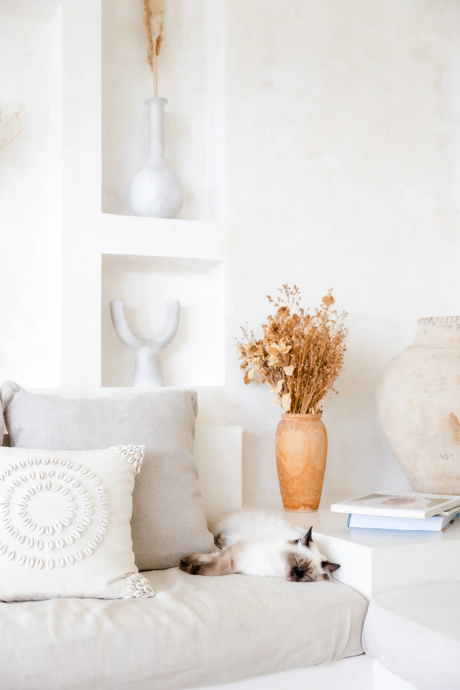 White living room with a vase, pillow, and a sleeping cat.