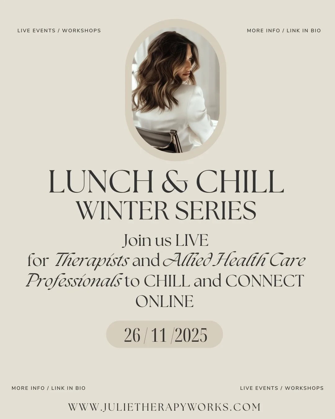Lunch Time Chill (Meditate) &amp; Connect - Nov 26th 11am-12noon

For Therapists and Allied Healthcare Professionals 

Join me and a very small group, in taking a mindful pause in your day for a nourishing Chill &amp; Connect session, which is a spac