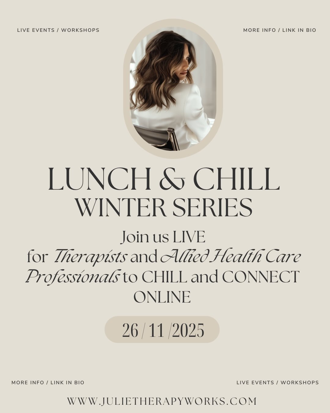 Lunch Time Chill (Meditate) &amp; Connect - Nov 26th 11am-12noon

For Therapists and Allied Healthcare Professionals 

Join me and a very small group, in taking a mindful pause in your day for a nourishing Chill &amp; Connect session, which is a spac
