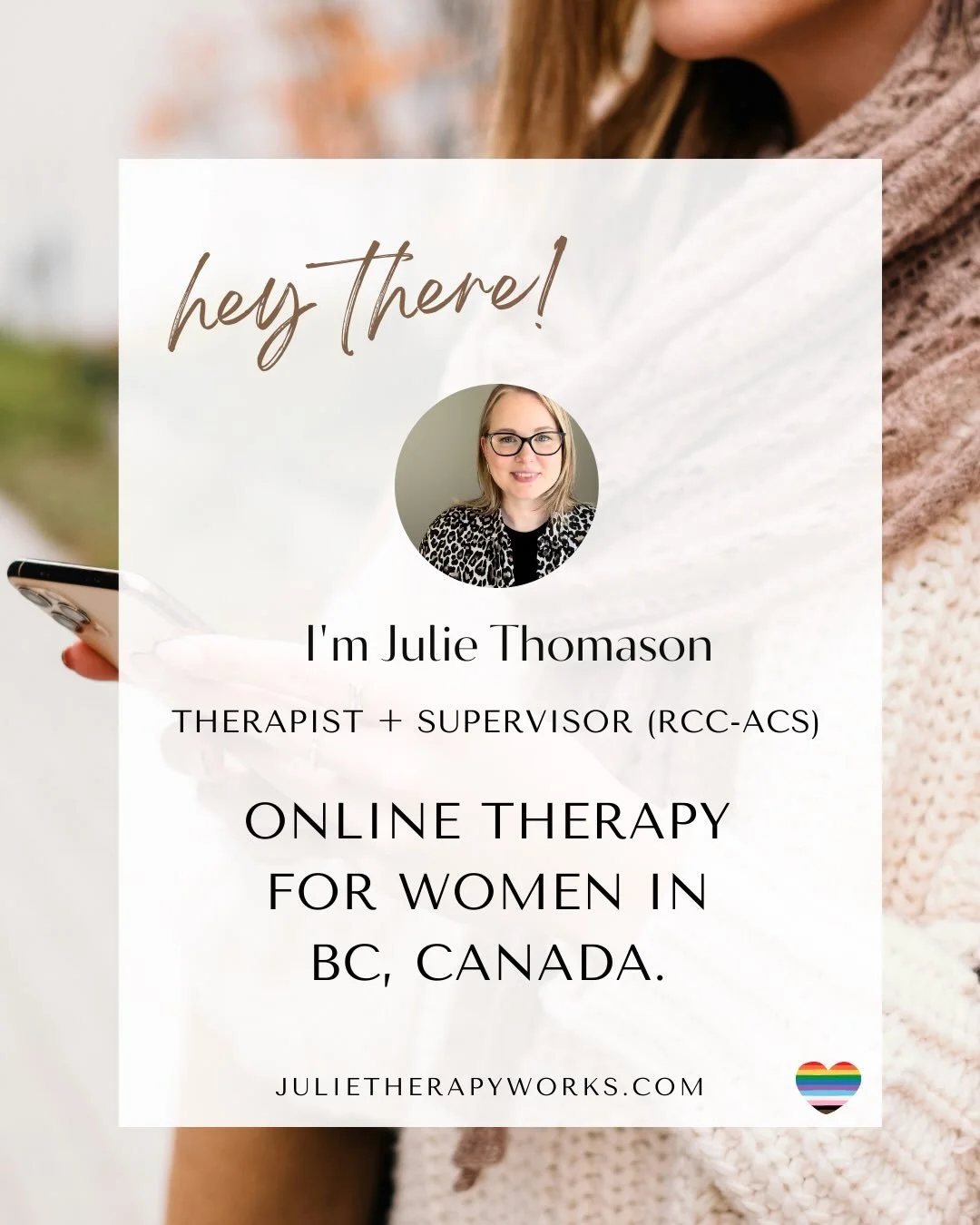 Hi! I&rsquo;m Julie, a therapist (RCC) and I&rsquo;m delighted to be welcoming new virtual clients across BC.

My specialties include women&rsquo;s health and s3xual well-being, trauma &amp; domestic abuse recovery, mental health &amp; wellness, ADHD