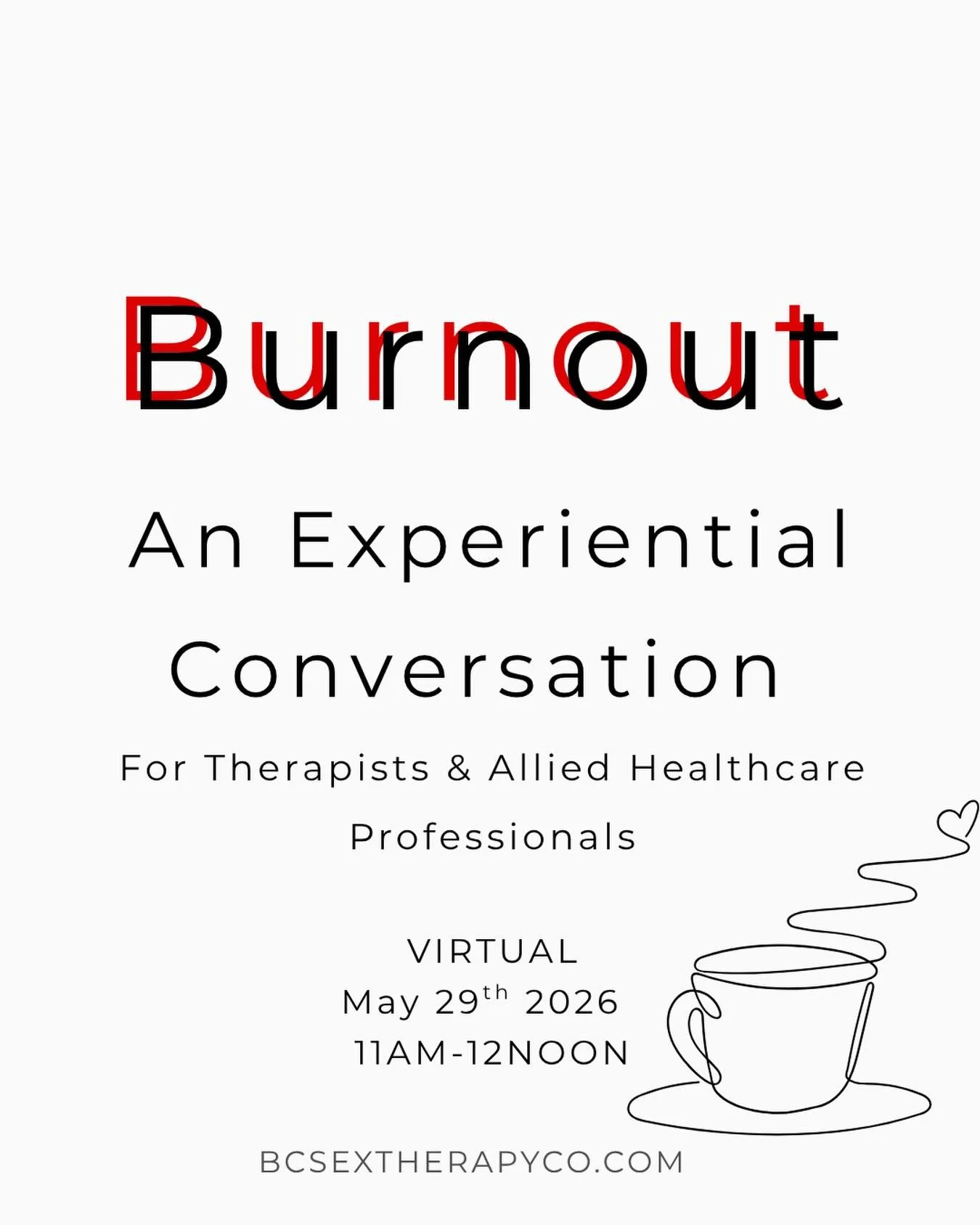 Join me for a complimentary, experiential, conversation on May 29th at 11 AM-12 (Virtual) designed for therapists and allied health professionals who are feeling the weight of chronic occupational stress. 

We&rsquo;ll briefly define burnout, not as 