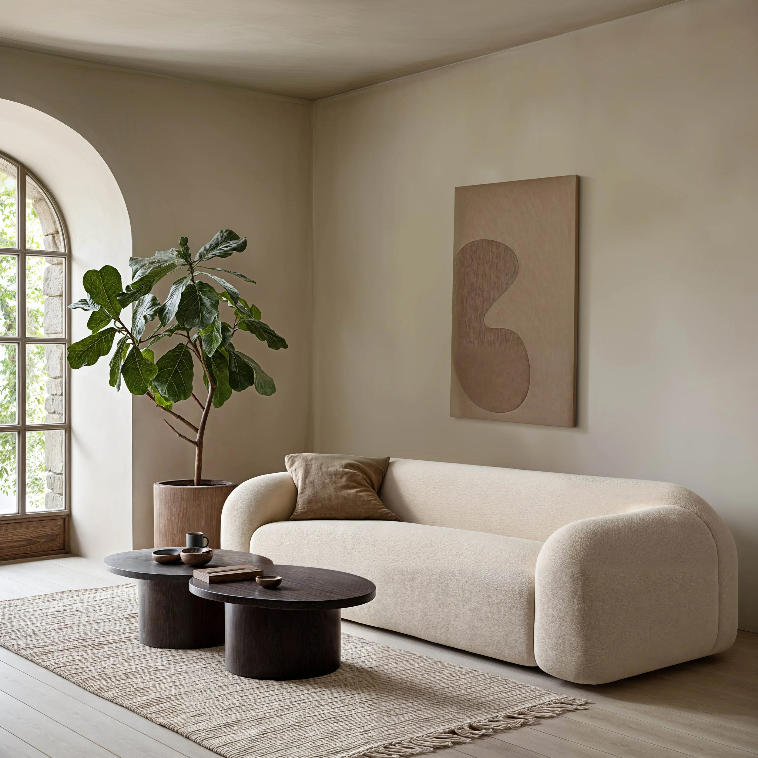 A counselling office in BC with a couch, plant, and round coffee tables.