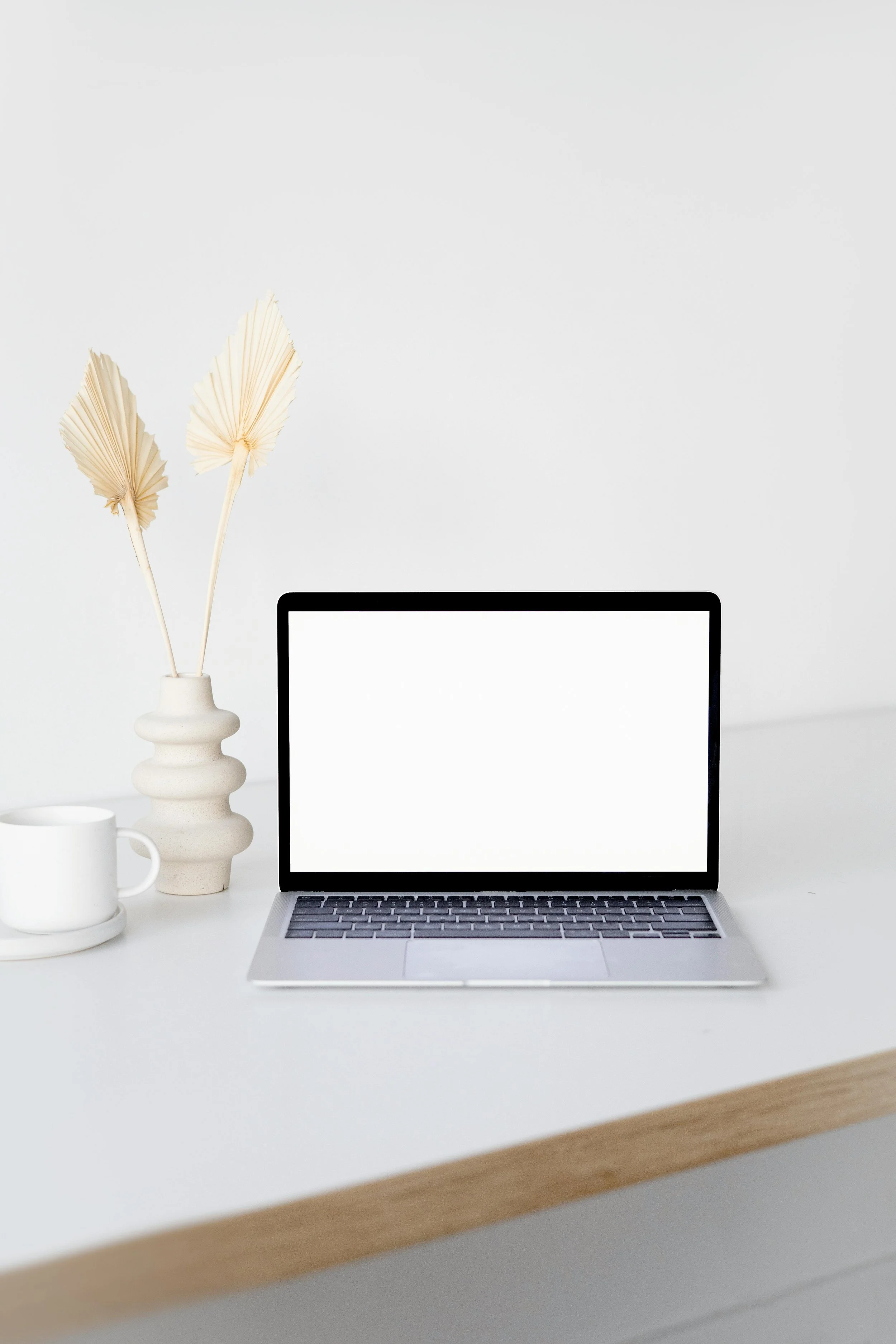 Minimalist desk setup with a MacBook, a white coffee mug, and a beige vase with dried palm leaves, against a plain white background.