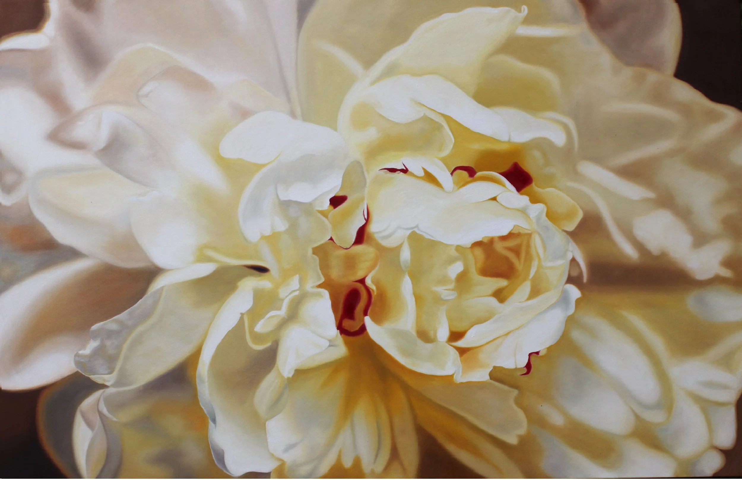 Julie Thomason's painting which is a close-up of a white and yellow peony flower with hints of red on the petals, set against a dark background.