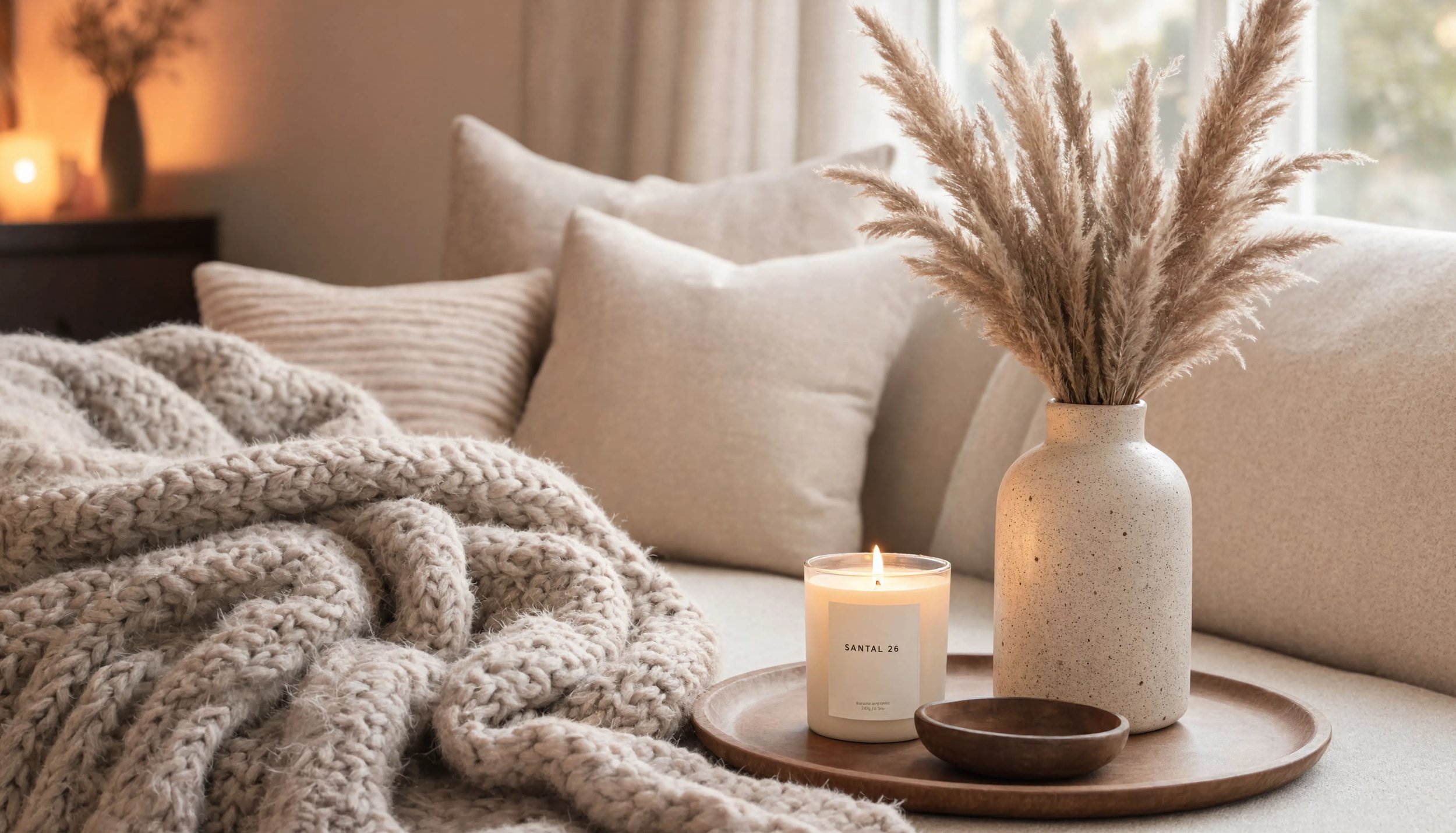 Interior decor a candle, blanket and vase with dried flowers