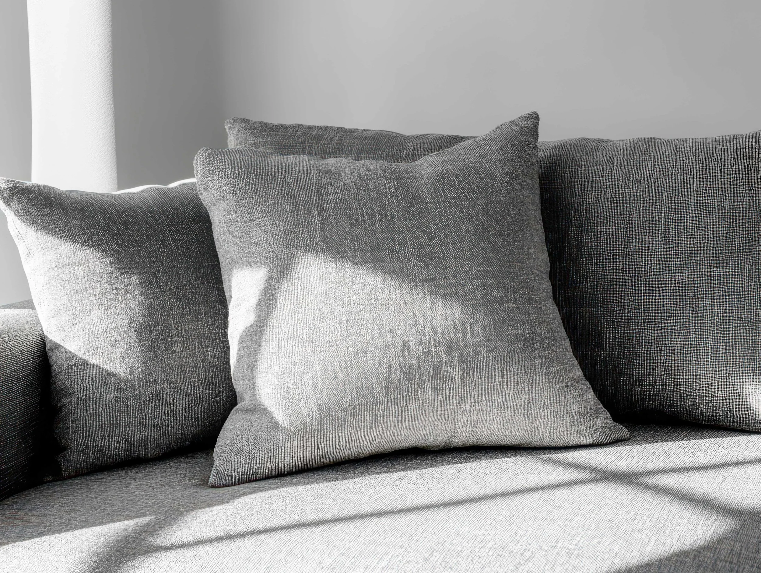 Grey pillows with sunlight.