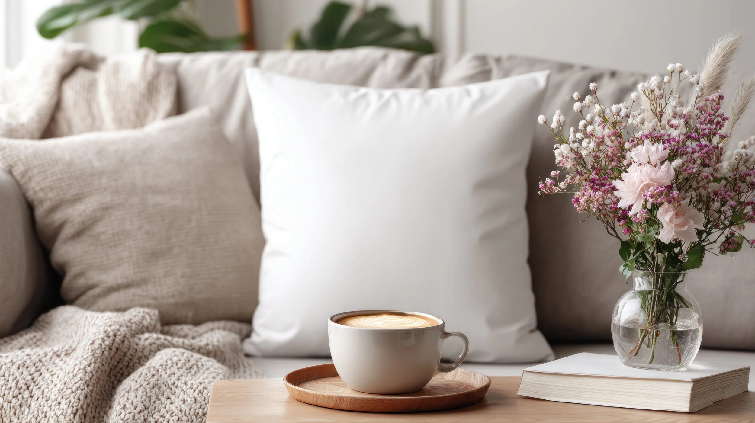 A couch with pillow and a coffee in a counselling office in BC