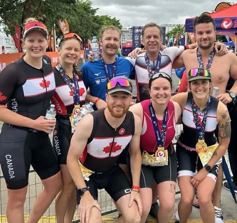 Members of the Garrison Edmonton Triathlon Team at the Canadian Armed Forces Triathlon Championships during the Challenge CAP Quebec Triathlon Weekend