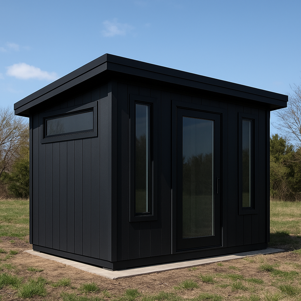 A small, modern, black cabin with vertical siding, large windows, and a glass door, situated outdoors on a concrete foundation with grass and trees in the background under a blue sky.