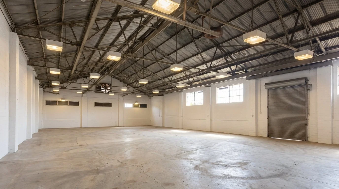 Modern building with black abstract mural, large windows, and signs reading 