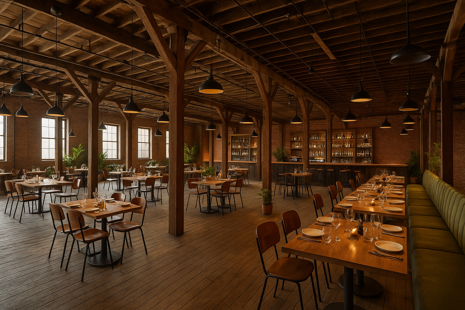 Interior of a rustic-style restaurant with wooden beams, large windows, and dim lighting. Tables are set with plates, glasses, and candles, with green plants as decor.
