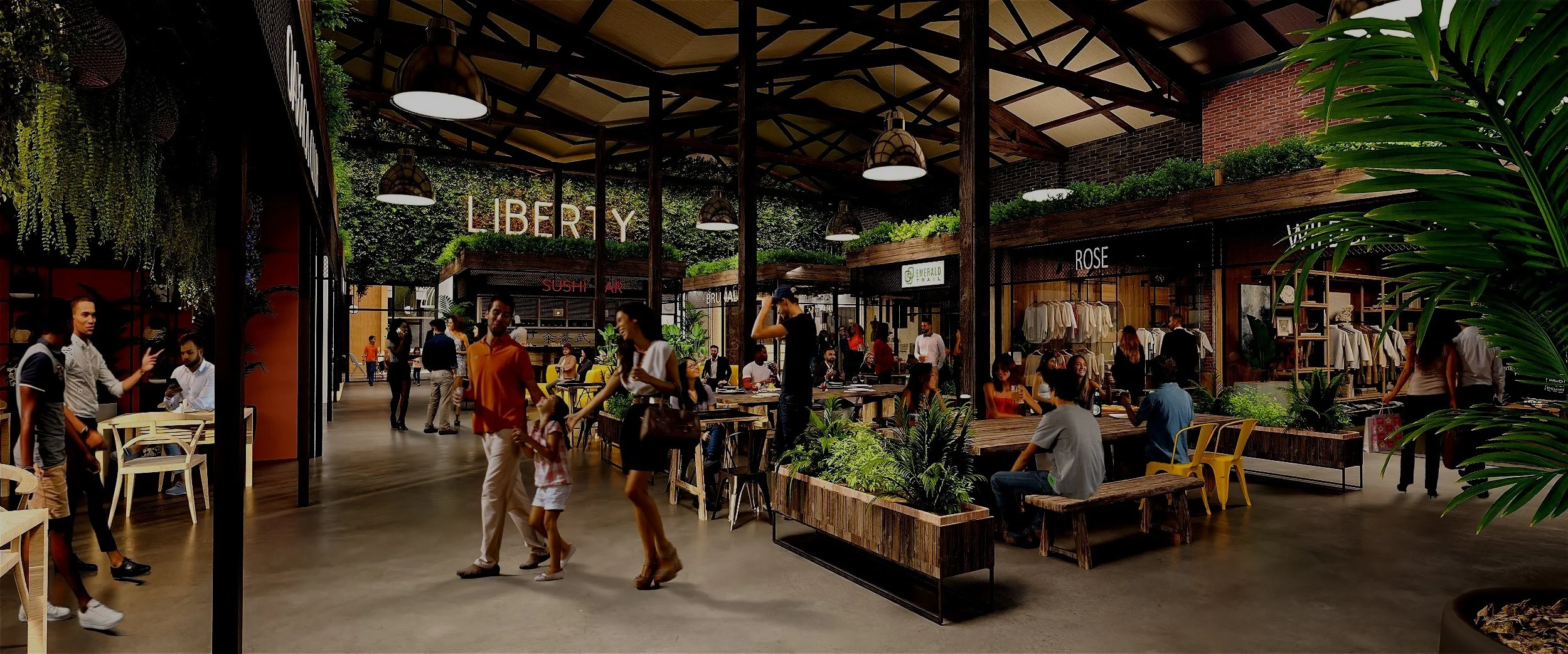 Indoor marketplace or food court with people sitting at tables, shopping, and walking, with greenery and signs for various shops and food stalls.