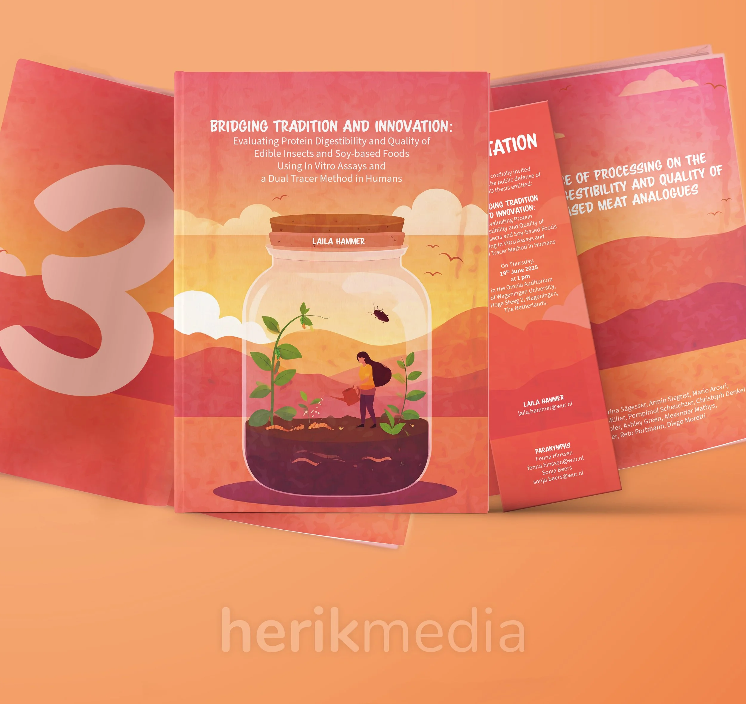 Vijf kleurrijke promotiematerialen of posters over onderzoek naar eiwitvertering en de kwaliteit van eetbare insecten en soja, met illustraties van een persoon die planten water geeft en een insect, en tekst over een presentatie datum en locatie in Nederland.