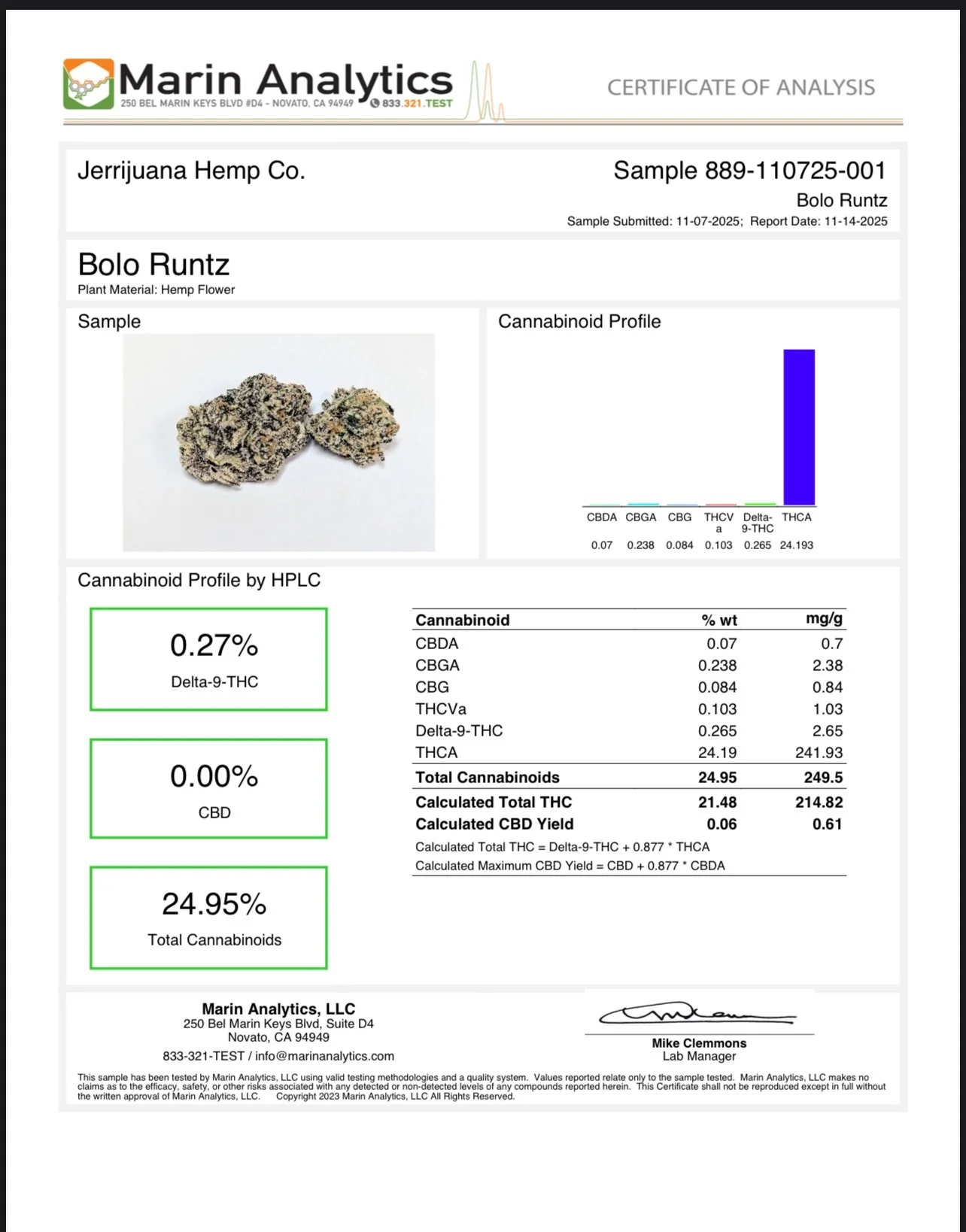 Laboratory test report showing analysis of hemp flower sample, displaying cannabinoid profile with high THC content, including a picture of the hemp flower.