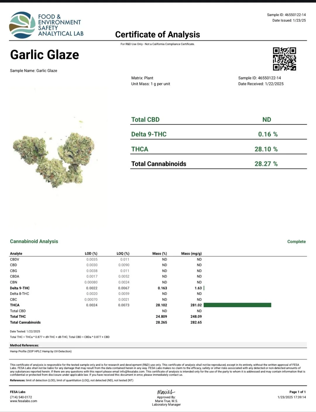 Laboratory report titled 'Certificate of Analysis' for garlic glaze, showing analysis results including CBD, Delta 9-THC, THC, and total cannabinoids, with a small image of garlic glaze on the left side.