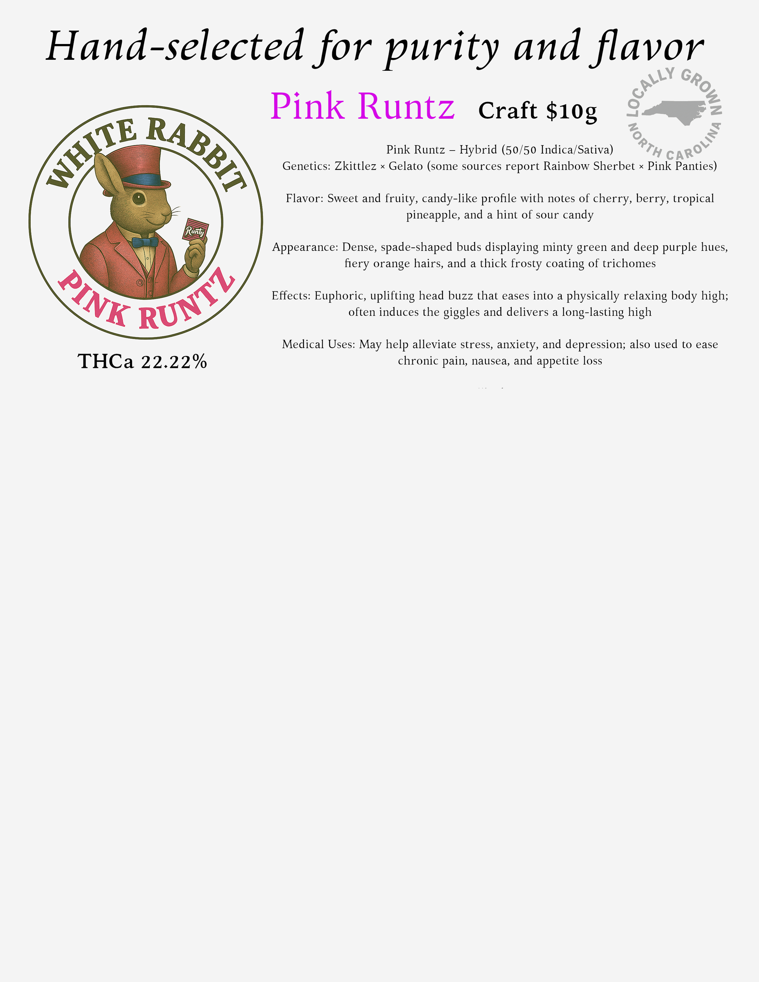 Label for Pink Runtz cannabis strain with branding, description, and effects, featuring a cartoon rabbit in a suit holding a small pack of Pink Runtz.