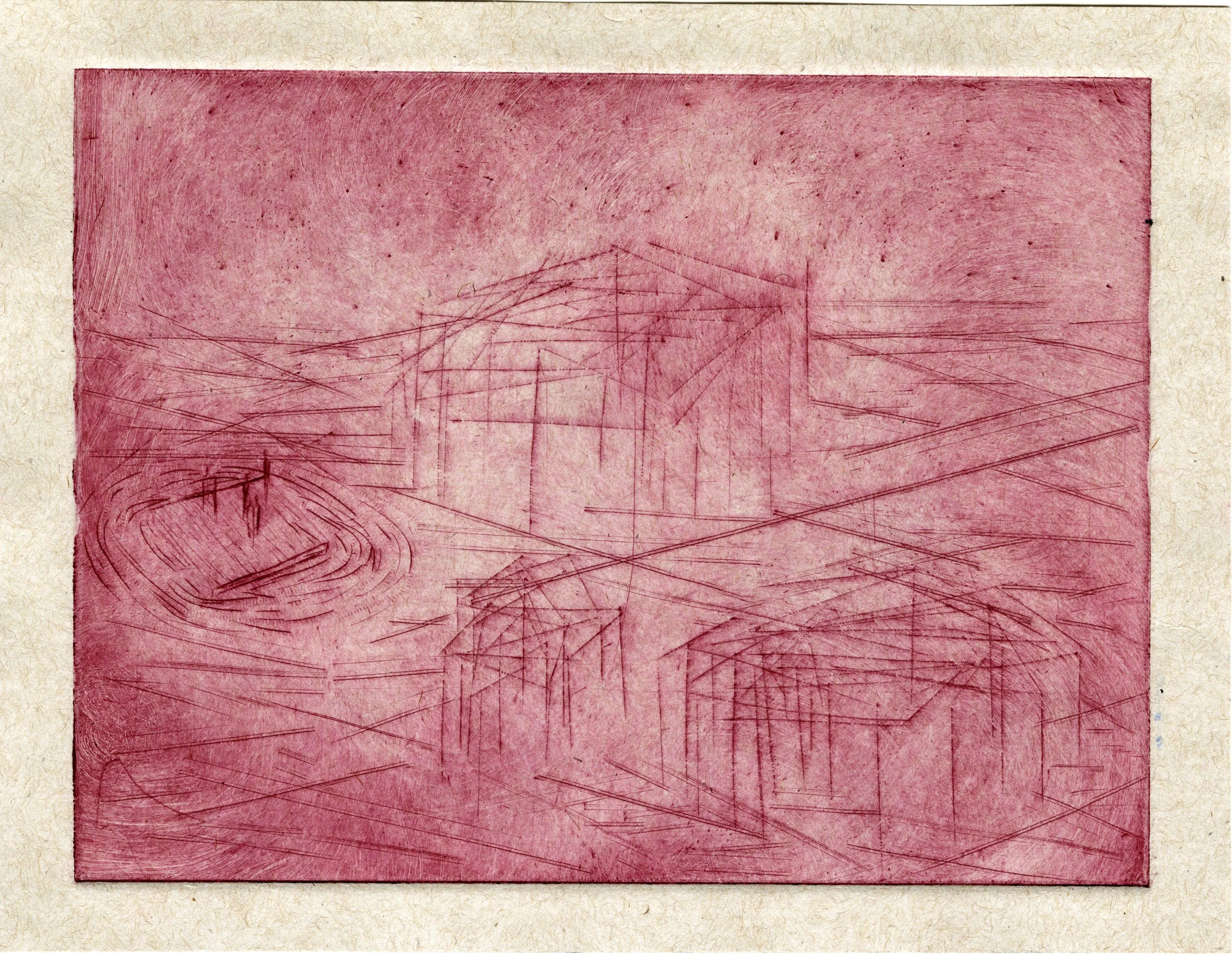 Sunken Warehouse / 
copper plate drypoint / 
6 3/4" x 9"