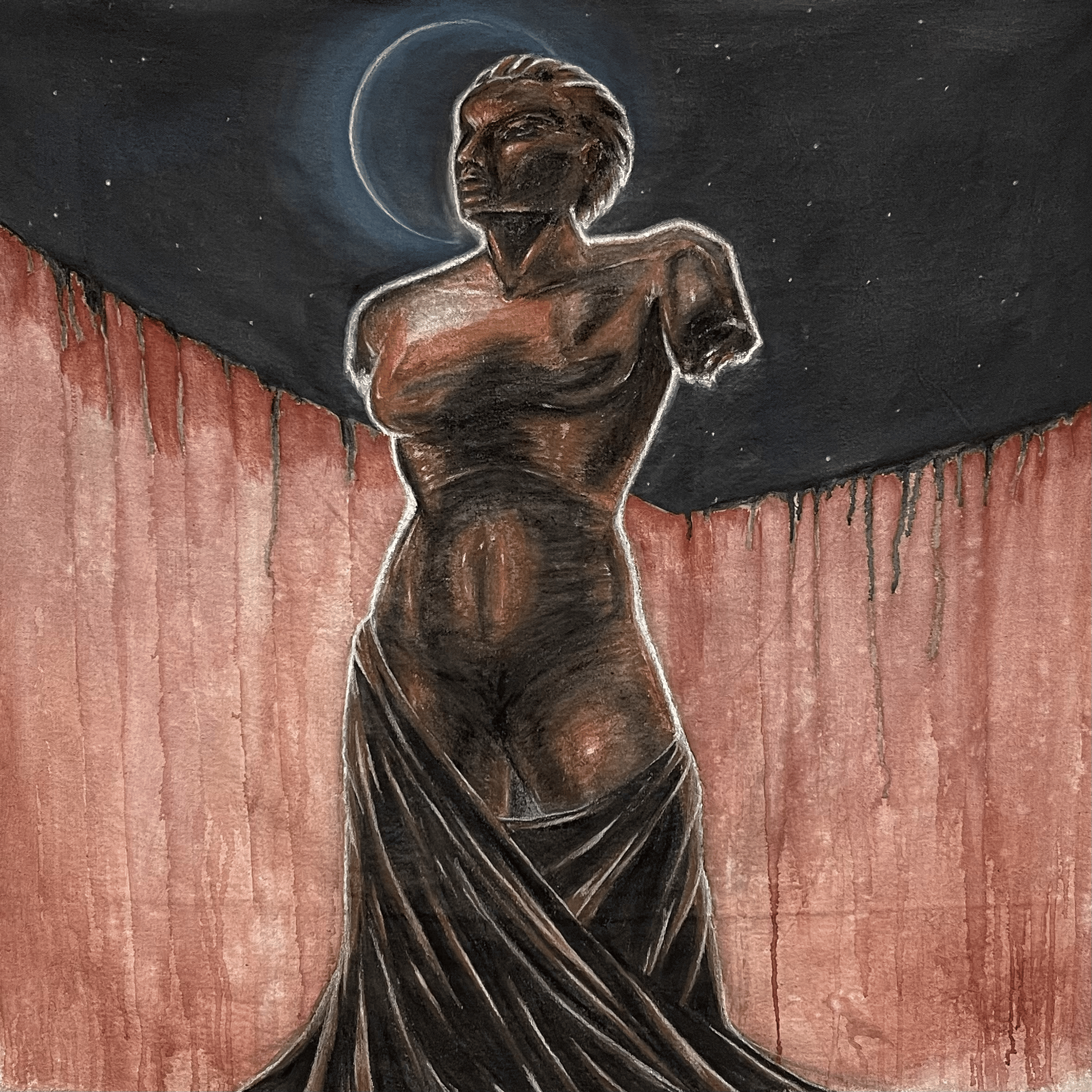 Clarity / 
charcoal, watercolor, and ink on canvas drop cloth / 
37" x 37"