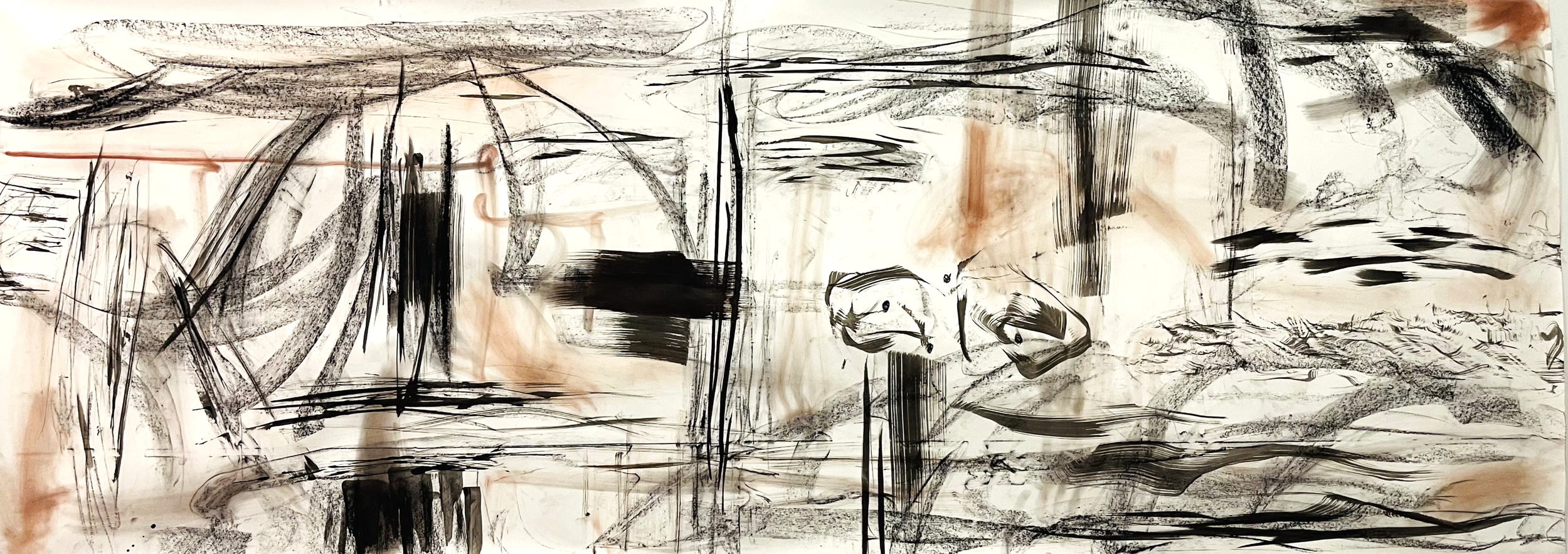 Wild Weeds / 
rust oxide, charcoal, and ink on paper / 
42" x 113 1/2"