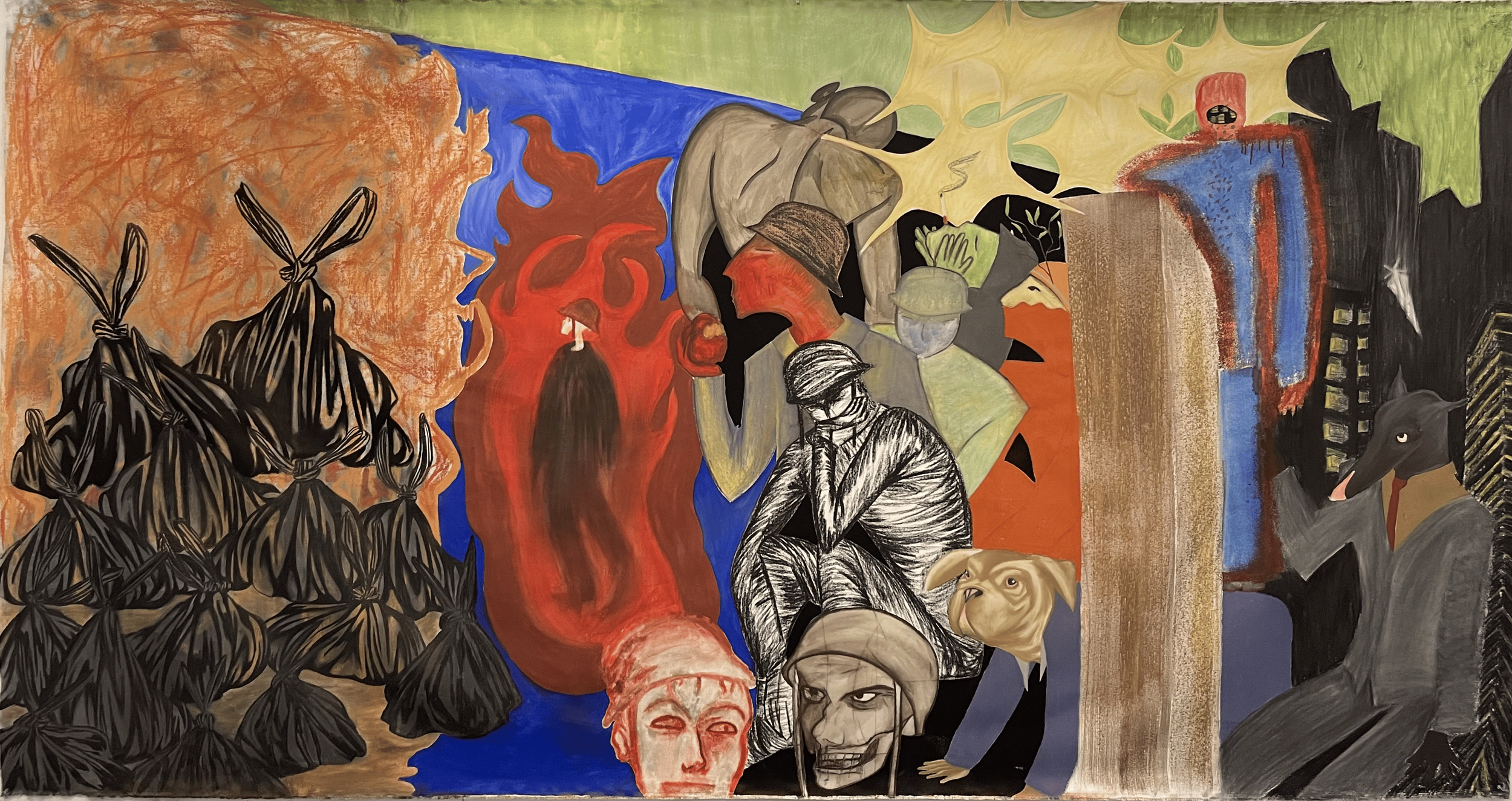 Brimstone and Plastics / 
charcoal, ink, watercolor, and acrylic on canvas / 
84" x 120"