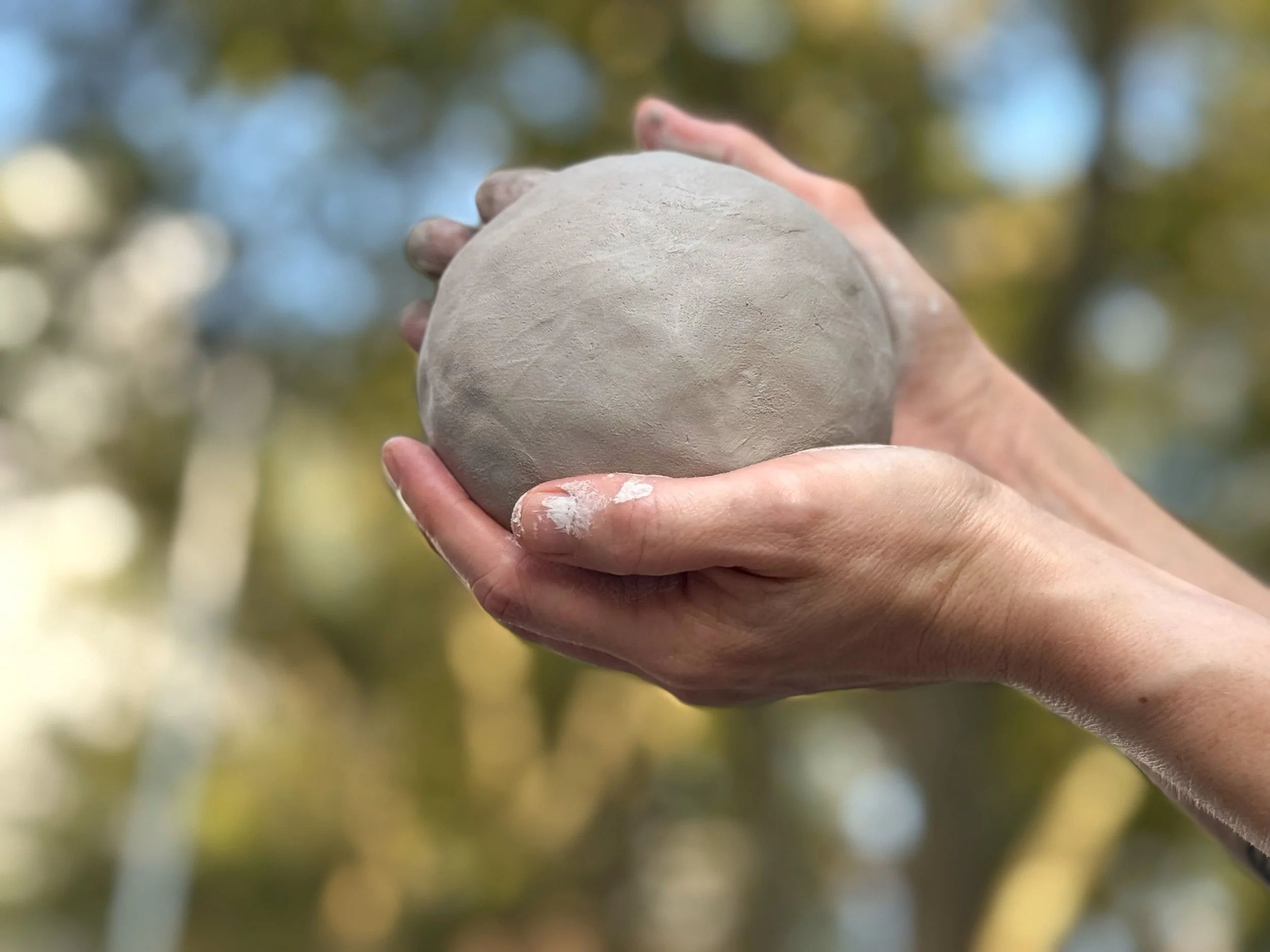 Person holding a large, smooth, round ball of clay outdoors with blurred trees in the background.