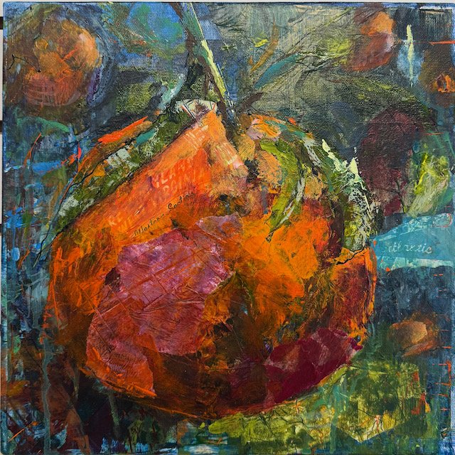 "Juicy Fruit". Collage, acrylic on canvas.  12x12.  $850