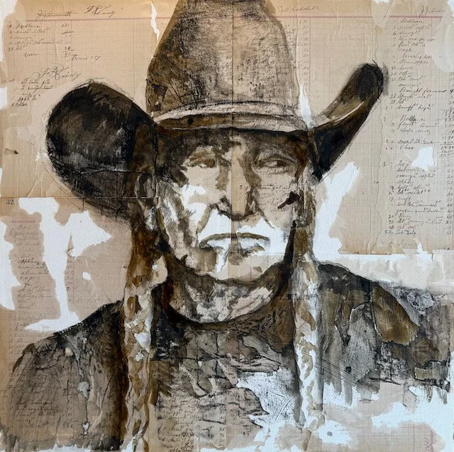 "Willie"  Charcoal, ink, vintage ledgers on canvas.  24x24  $3000