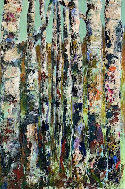 "Below  the Lodge". Collage and acrylic on panel.  24x36. $4200