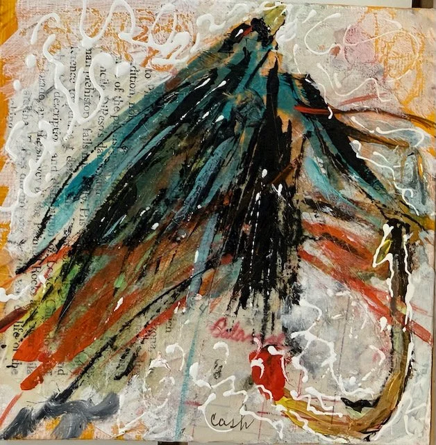 Fly Time. Collage, acrylic on panel.  5x5.  $350