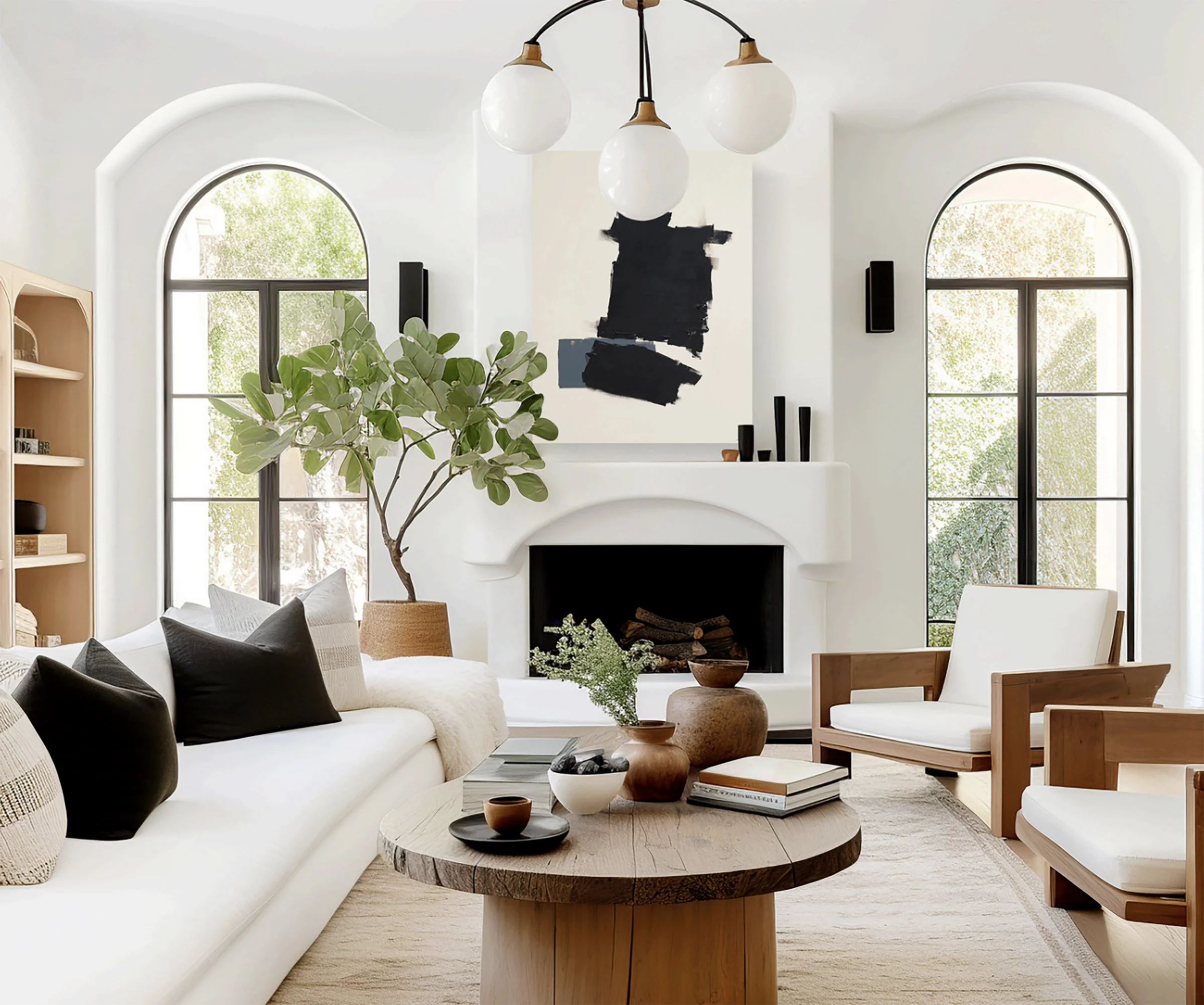 Modern living room with white walls, two arched windows, a white sofa with black cushions, wooden chairs, a round wooden coffee table with decorative vases, a fireplace, an abstract black and white painting, a green potted plant, and natural light.