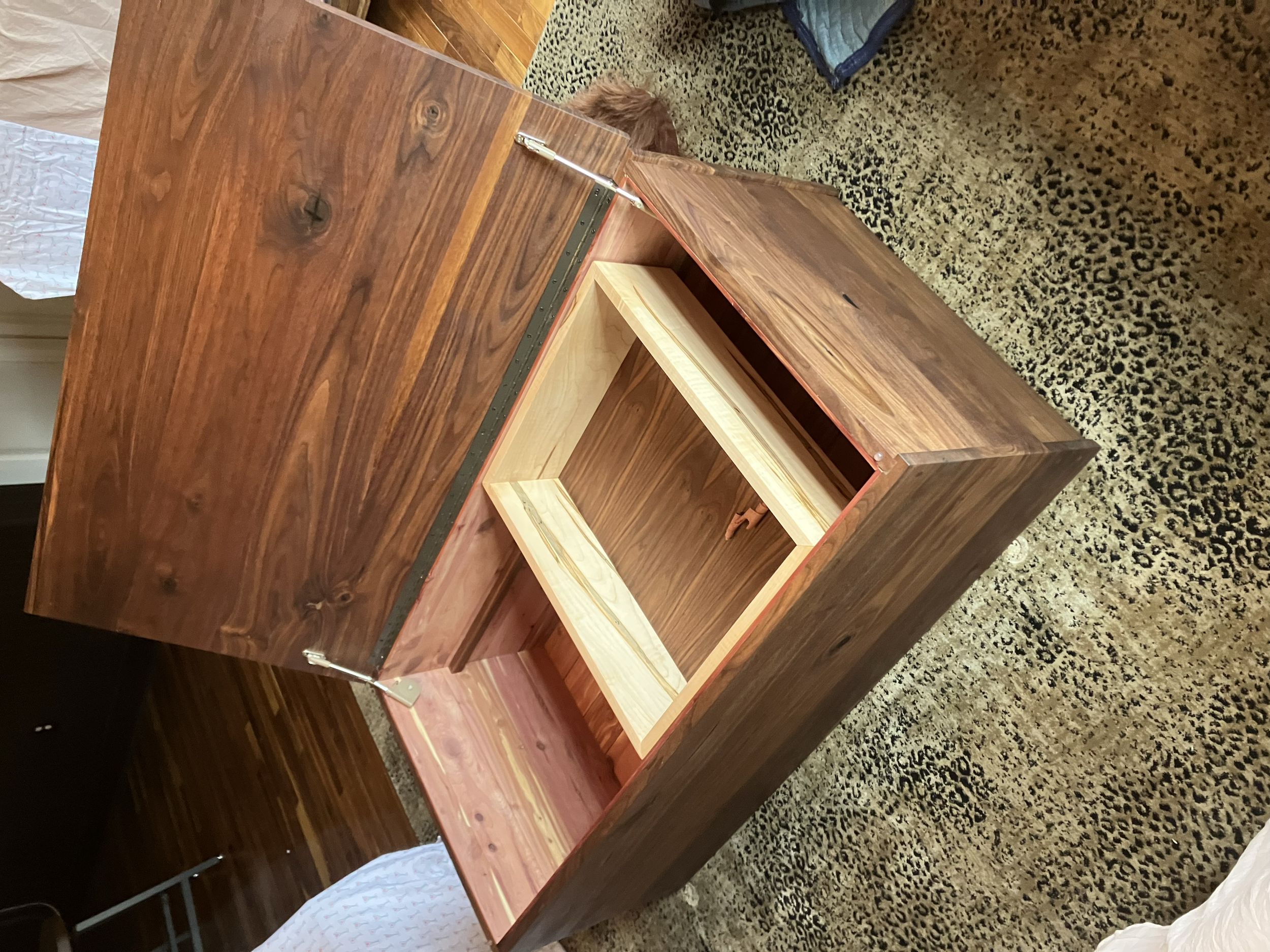 24" x 48" Solid Walnut Coffee Table Trunk with aromatic cedar interior, soft close lid  and Ambrosia Maple drawer