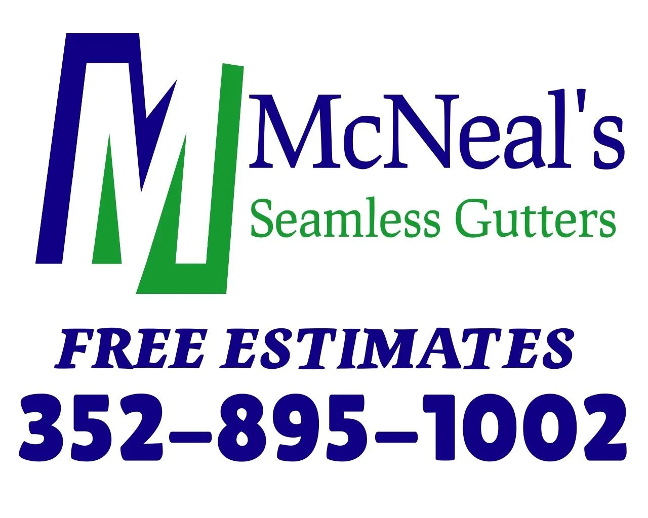 Advertisement for McNeal's Seamless Gutters with logo, phone number, and offer of free estimates.