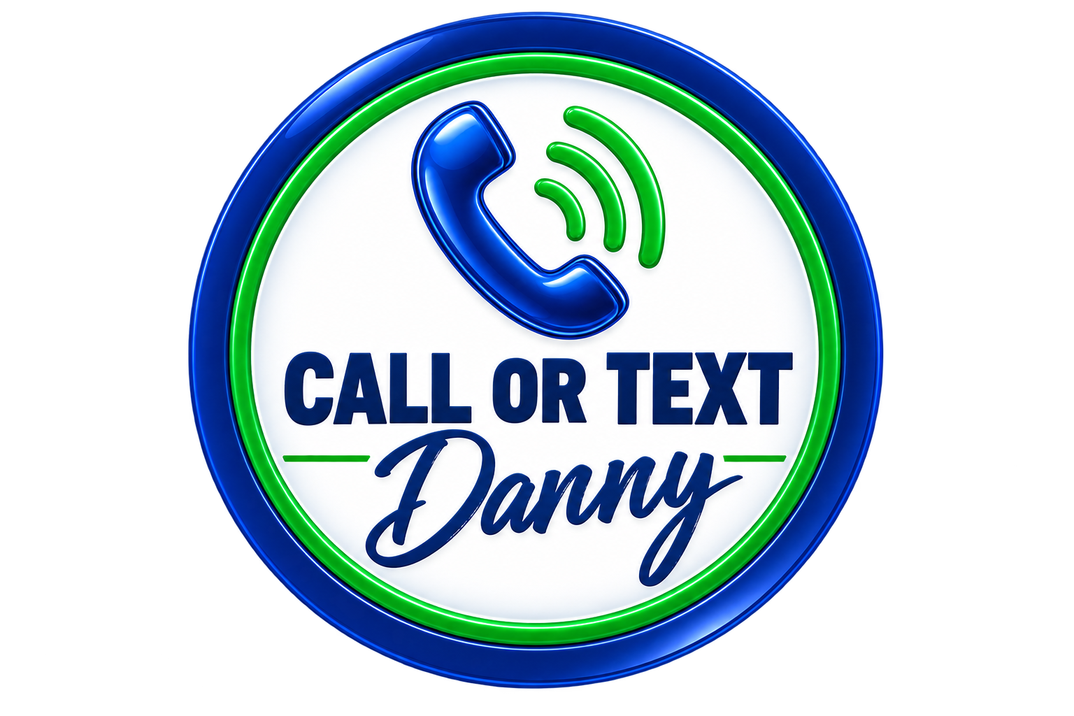 Neon sign with a phone symbol and the text 'Call or Text Danny' in blue, green, and white colors.