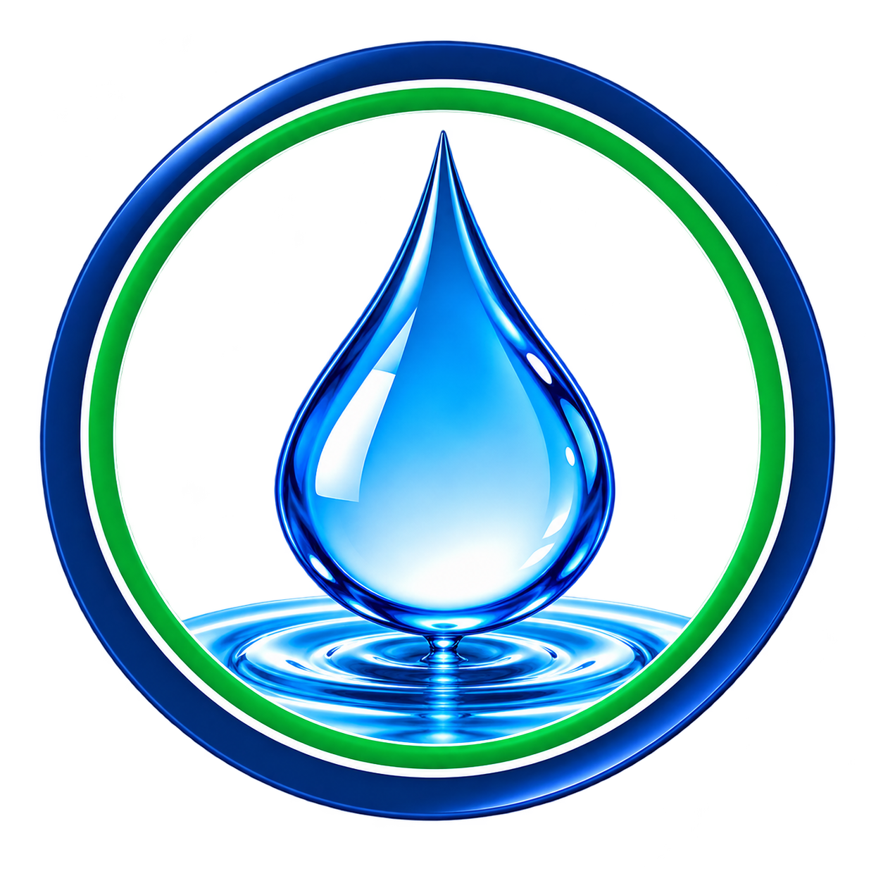 A logo featuring a large, blue water droplet in the center, surrounded by a circular border with green and blue outlines.