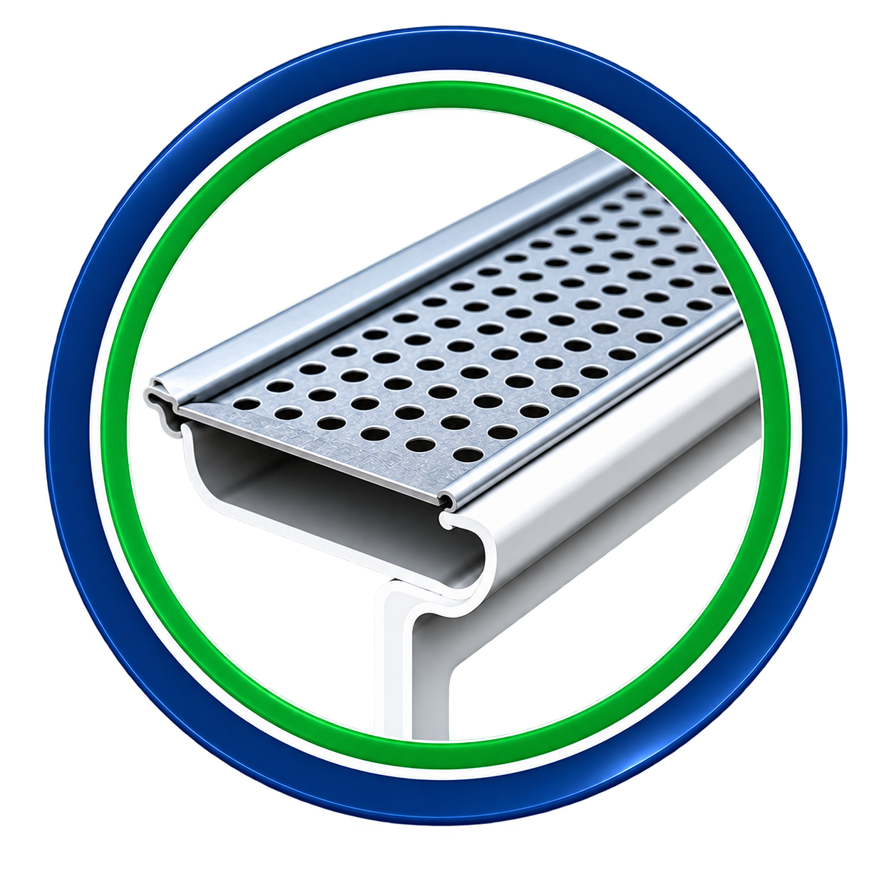 A graphic of a metal drainage grate with a curved pipe connection, encircled by a blue, green, and white border.