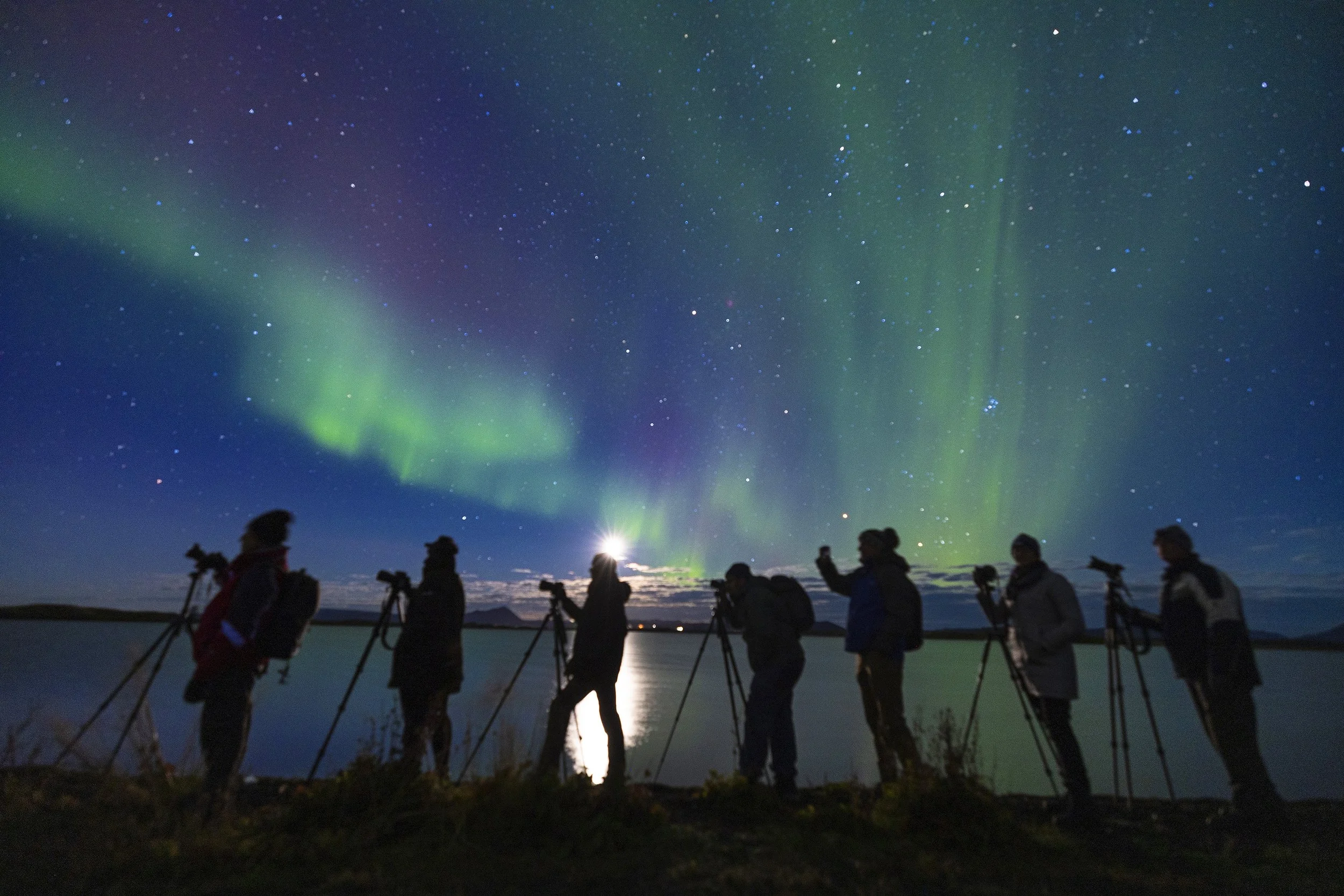Photography workshop participants capturing the Northern Lights in Iceland during a guided photo adventure, silhouetted against the glowing aurora borealis.