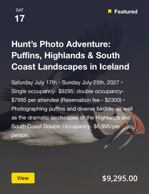 Advertisement for Hunt's Photo Adventure in Iceland featuring puffins, Highland landscapes, and South Coast scenery. Event runs from July 17 to July 25, 2027, with pricing details and a yellow "View" button.