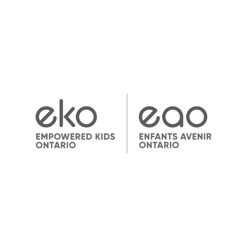 Logo of EKO on the left with the tagline "Empowered Kids Ontario" and the logo of ÉAO on the right with the tagline "Enfants Avenir Ontario," separated by a vertical line.