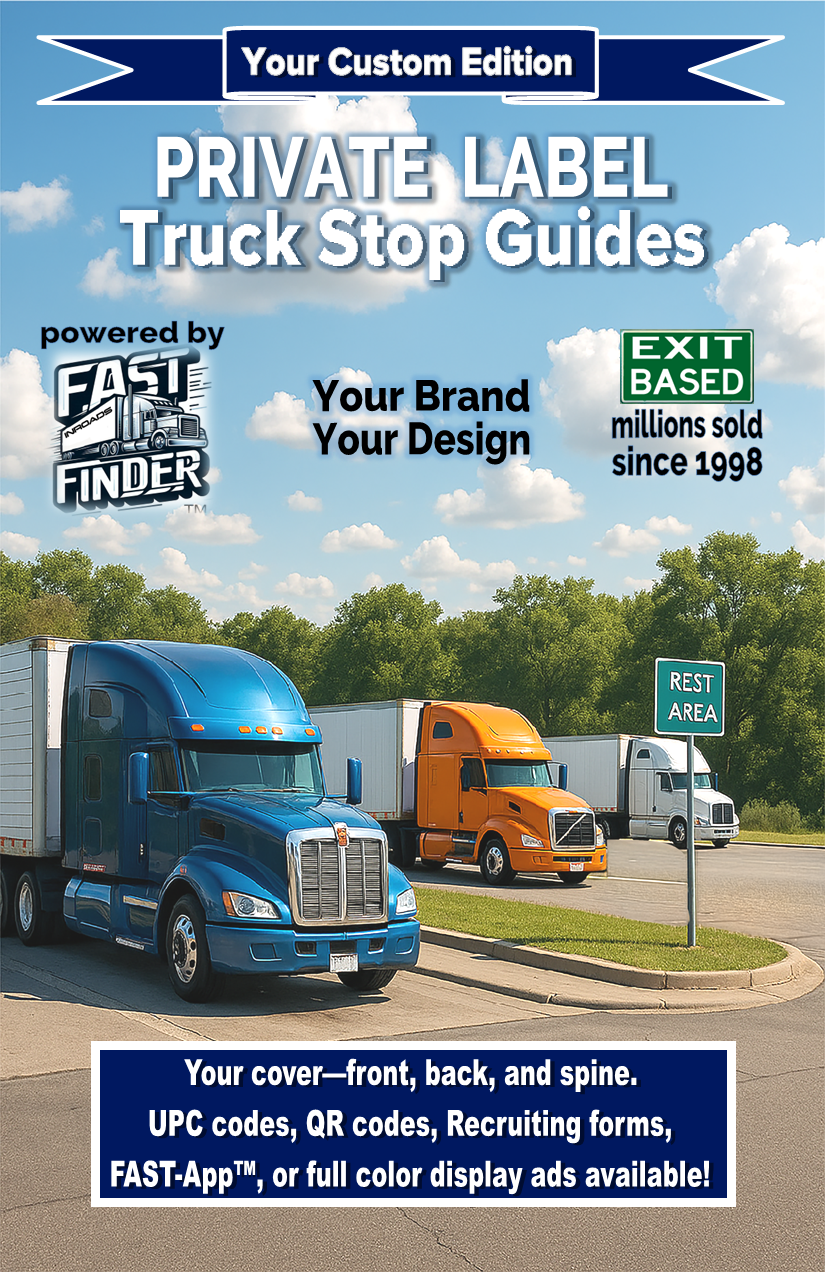 Cover of a guide titled 'Private Label Truck Stop Guides' featuring a parking lot with three semi-trucks in front of a green 'Rest Area' sign, blue sky with clouds, and trees in the background.