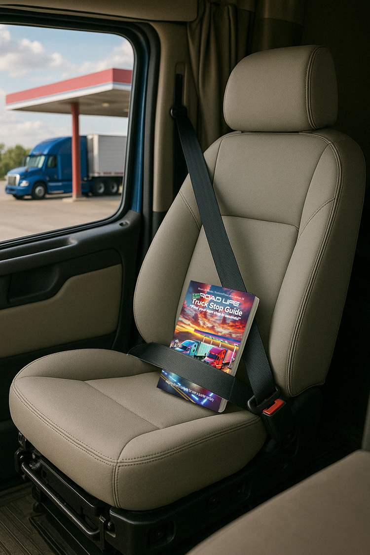 Inside a truck cab, a beige driver seat with a black seatbelt holds a Road Life truck stop guide with colorful truck images at a futuristic truck stop and a sunset background.